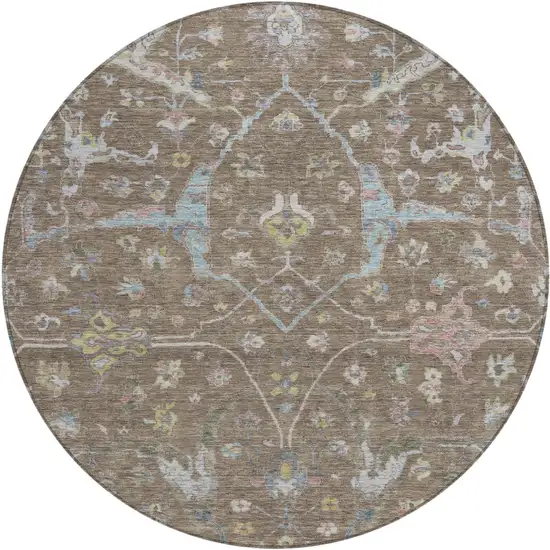 8' Brown Blue And Ivory Round Floral Washable Indoor Outdoor Area Rug Photo 2