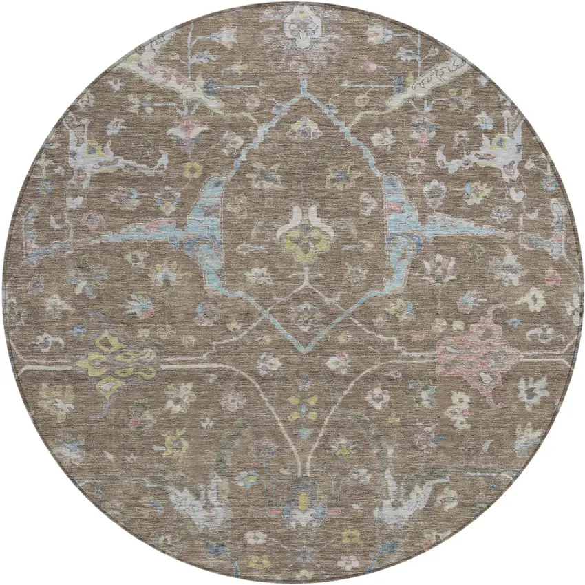 8' Brown Blue And Ivory Round Floral Washable Indoor Outdoor Area Rug Photo 2