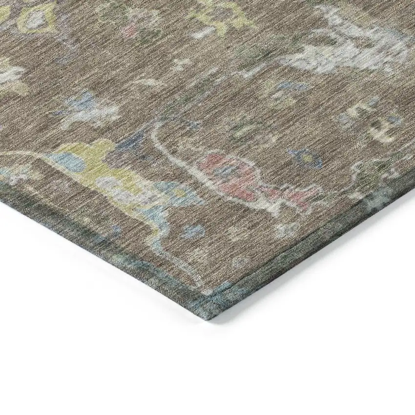 8' Brown Blue And Ivory Round Floral Washable Indoor Outdoor Area Rug Photo 6