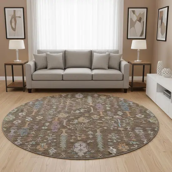 8' Brown Blue And Purple Floral Washable Round Rug With UV Protection Photo 2