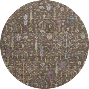 Photo of 8' Brown Blue And Purple Floral Washable Round Rug With UV Protection