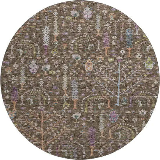 8' Brown Blue And Purple Floral Washable Round Rug With UV Protection Photo 1