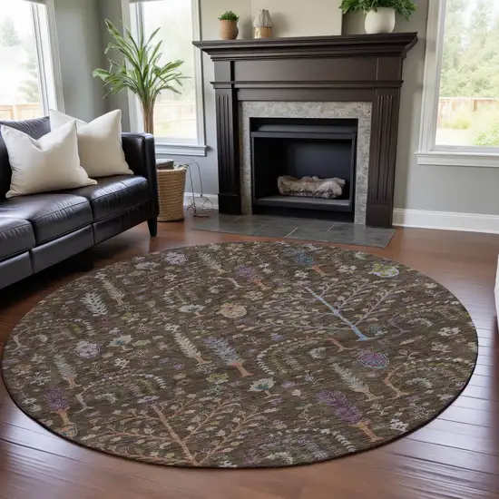 8' Brown Blue And Purple Floral Washable Round Rug With UV Protection Photo 4