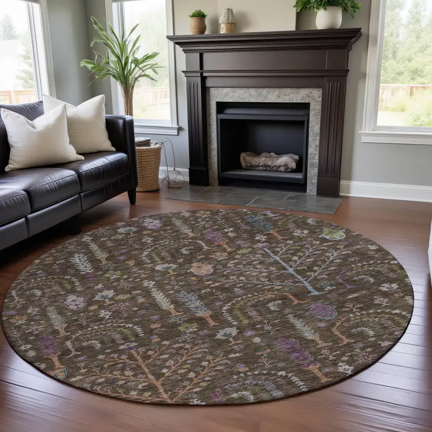 8' Brown Blue And Purple Floral Washable Round Rug With UV Protection Photo 4
