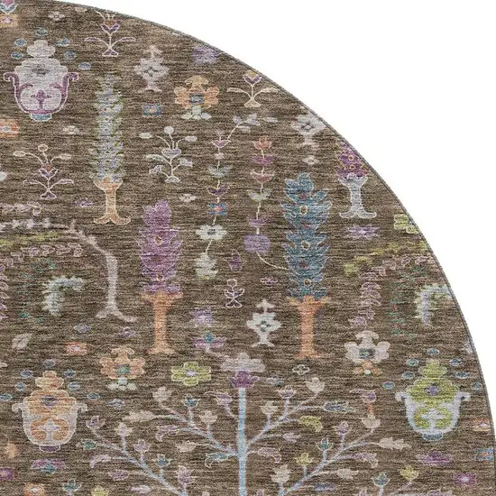 8' Brown Blue And Purple Floral Washable Round Rug With UV Protection Photo 3