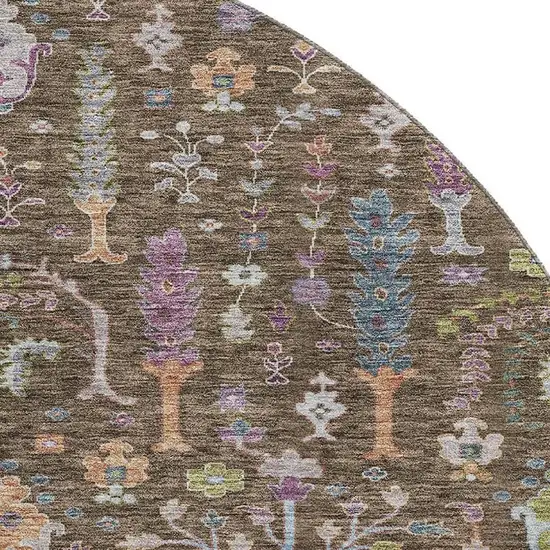 8' Brown Blue And Purple Floral Washable Round Rug With UV Protection Photo 2