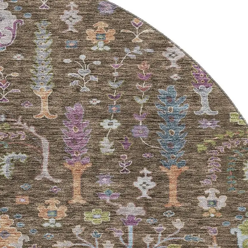 8' Brown Blue And Purple Floral Washable Round Rug With UV Protection Photo 2