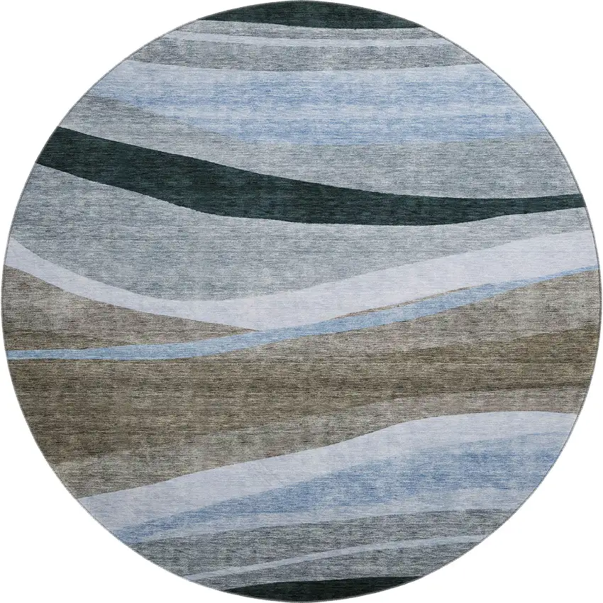8' Brown Blue And Silver Abstract Washable Round Rug With UV Protection Photo 4