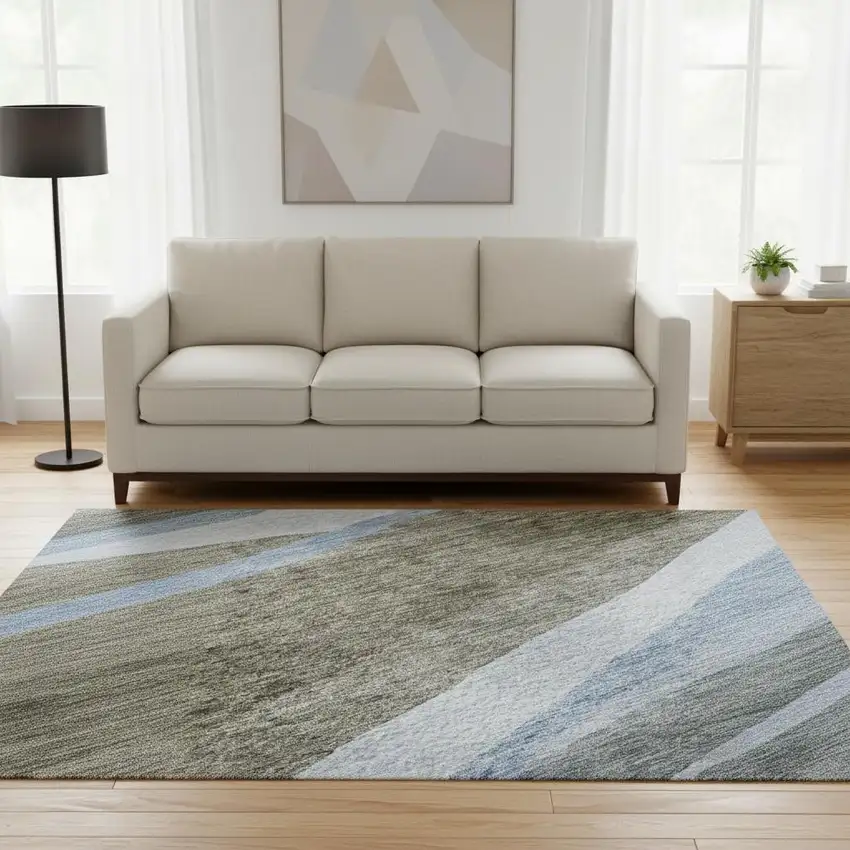 8' Brown Blue And Silver Abstract Washable Round Rug With UV Protection Photo 2