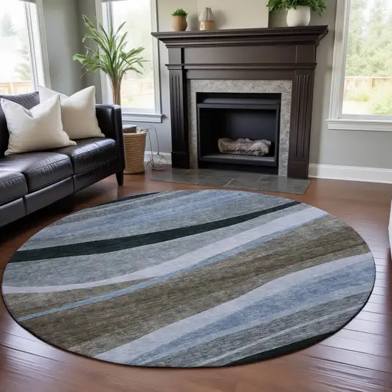 8' Brown Blue And Silver Abstract Washable Round Rug With UV Protection Photo 3