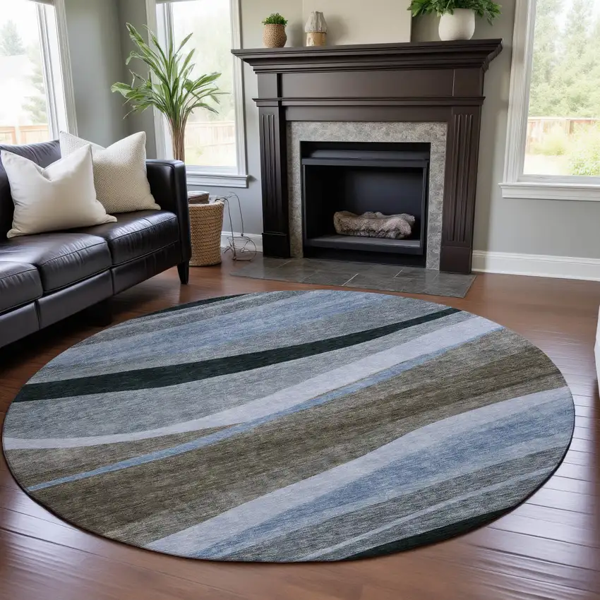 8' Brown Blue And Silver Abstract Washable Round Rug With UV Protection Photo 3