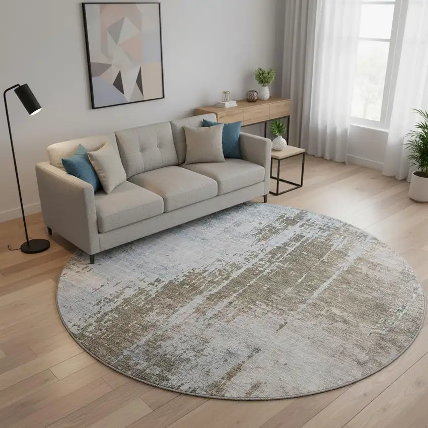 8' Brown Blue And Taupe Abstract Washable Round Rug With UV Protection Photo 2