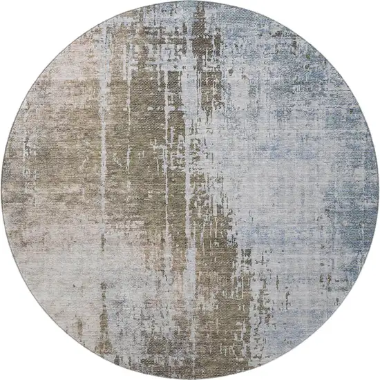 8' Brown Blue And Taupe Abstract Washable Round Rug With UV Protection Photo 4