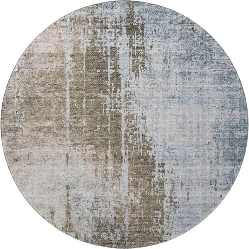 8' Brown Blue And Taupe Abstract Washable Round Rug With UV Protection Photo 4