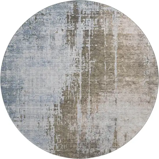 8' Brown Blue And Taupe Abstract Washable Round Rug With UV Protection Photo 1