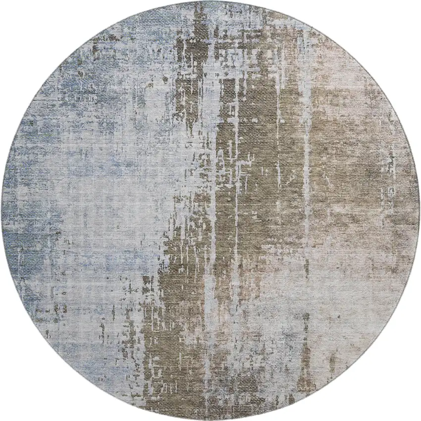8' Brown Blue And Taupe Abstract Washable Round Rug With UV Protection Photo 1