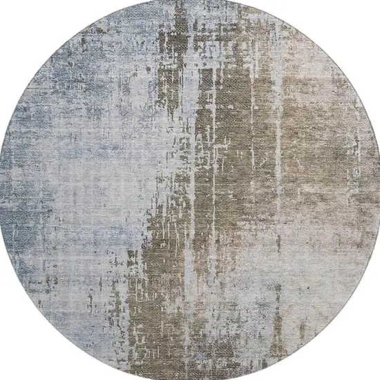 8' Brown Blue And Taupe Abstract Washable Round Rug With UV Protection Photo 3