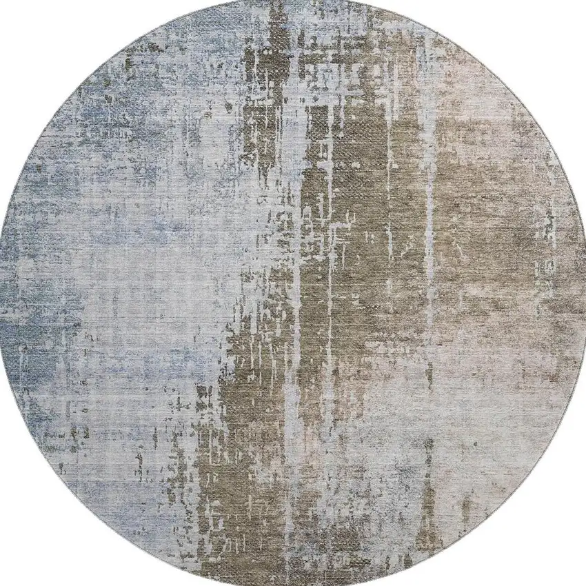8' Brown Blue And Taupe Abstract Washable Round Rug With UV Protection Photo 3