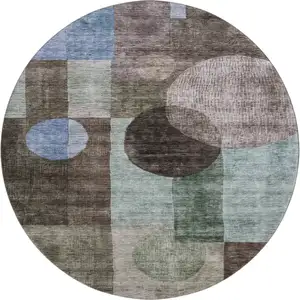 Photo of 8' Brown Blue And Taupe Geometric Washable Round Rug With UV Protection