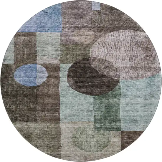 8' Brown Blue And Taupe Geometric Washable Round Rug With UV Protection Photo 1