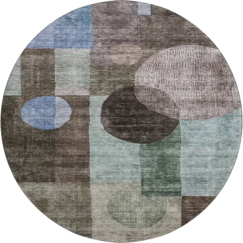 8' Brown Blue And Taupe Geometric Washable Round Rug With UV Protection Photo 1