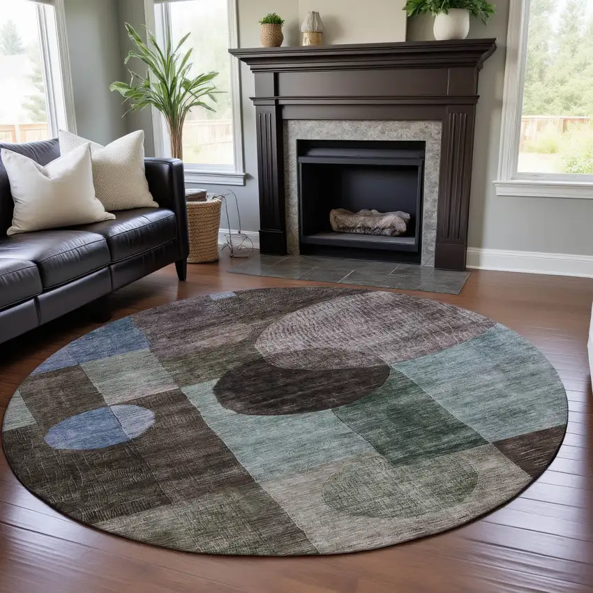 8' Brown Blue And Taupe Geometric Washable Round Rug With UV Protection Photo 3