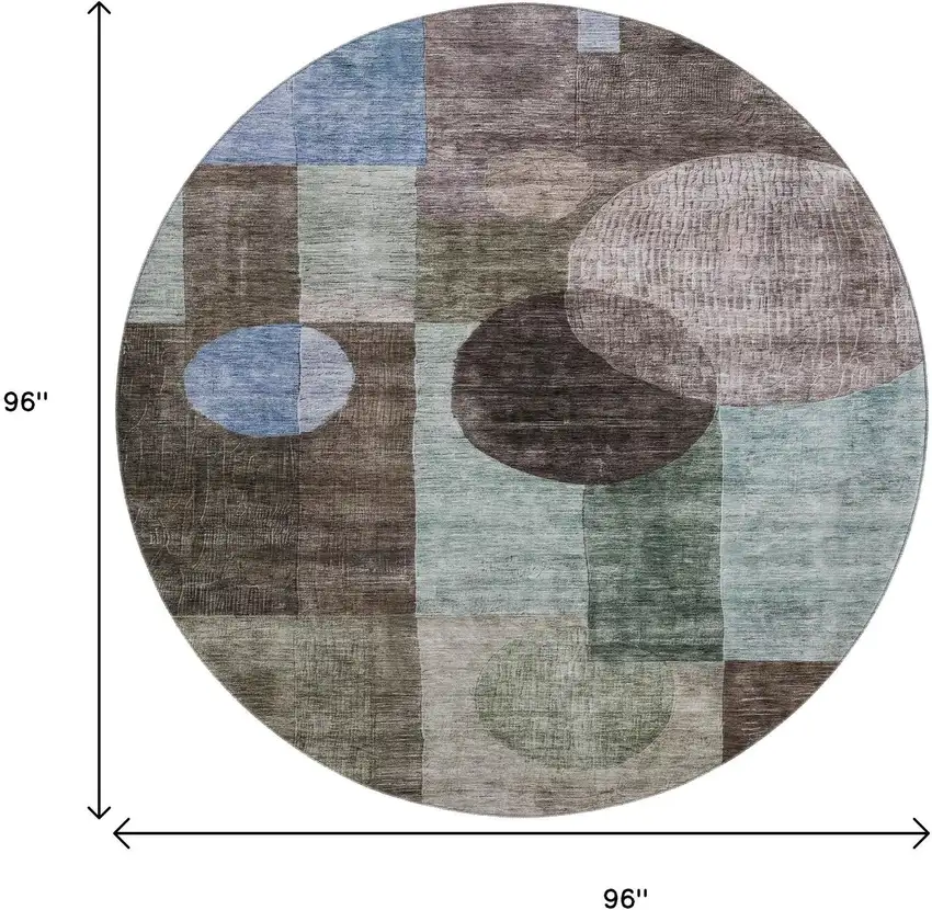 8' Brown Blue And Taupe Geometric Washable Round Rug With UV Protection Photo 8