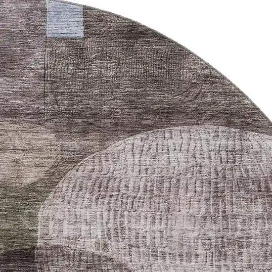 8' Brown Blue And Taupe Geometric Washable Round Rug With UV Protection Photo 2