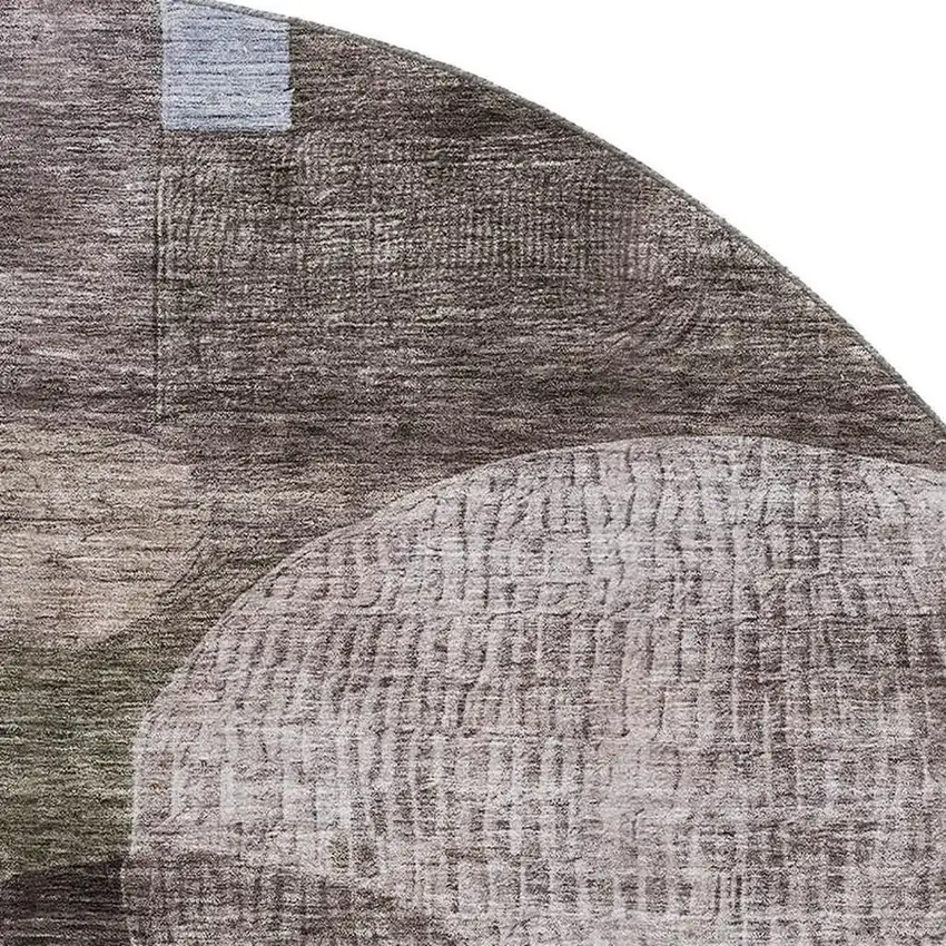 8' Brown Blue And Taupe Geometric Washable Round Rug With UV Protection Photo 2