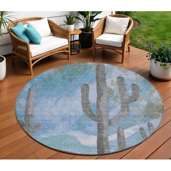8' Brown Blue And Taupe Round Botanical Leaves Washable Indoor Outdoor Area Rug Photo 1