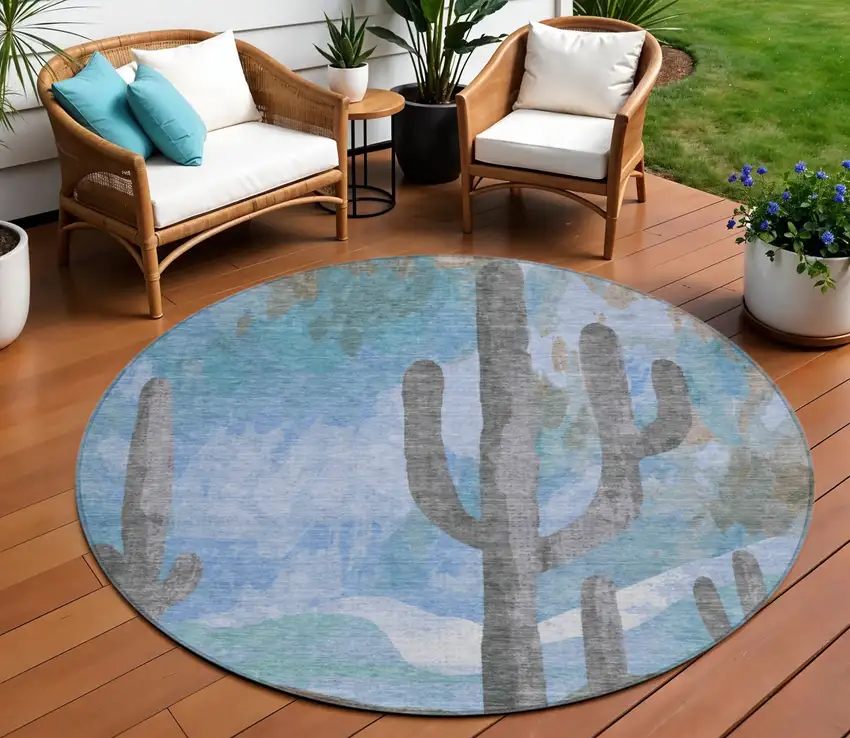 8' Brown Blue And Taupe Round Botanical Leaves Washable Indoor Outdoor Area Rug Photo 1