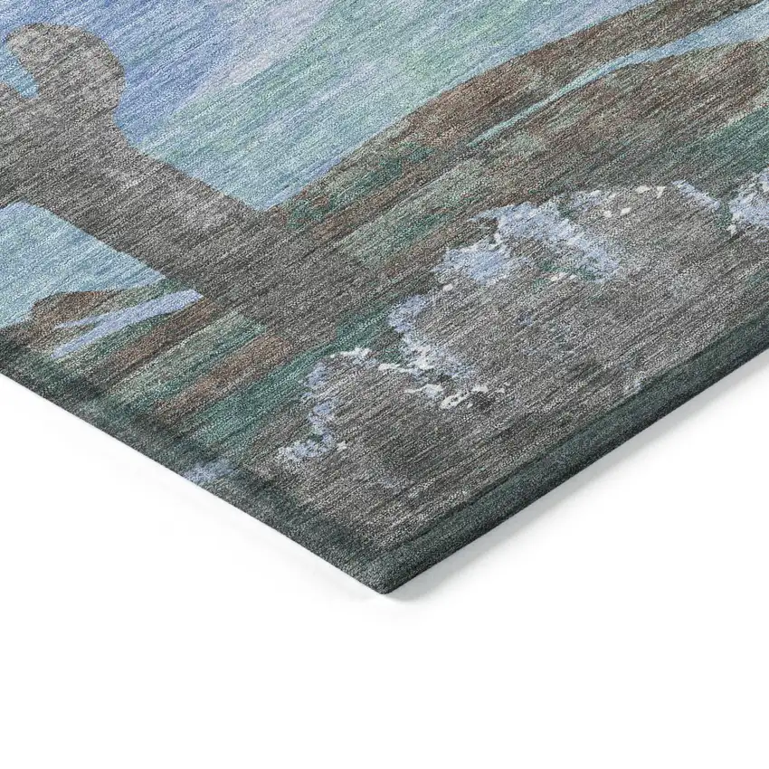 8' Brown Blue And Taupe Round Botanical Leaves Washable Indoor Outdoor Area Rug Photo 6