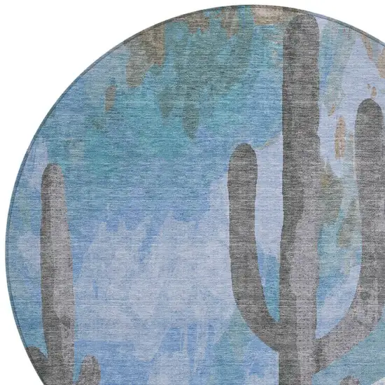 8' Brown Blue And Taupe Round Botanical Leaves Washable Indoor Outdoor Area Rug Photo 7