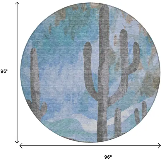 8' Brown Blue And Taupe Round Botanical Leaves Washable Indoor Outdoor Area Rug Photo 3