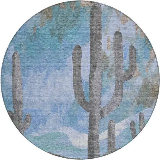 8' Brown Blue And Taupe Round Botanical Leaves Washable Indoor Outdoor Area Rug Photo 2