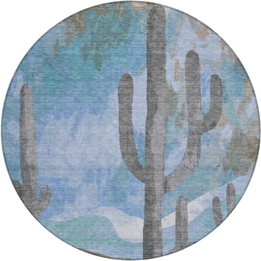 8' Brown Blue And Taupe Round Botanical Leaves Washable Indoor Outdoor Area Rug Photo 2