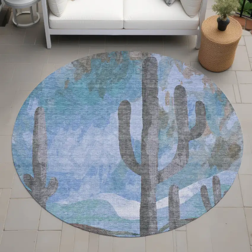 8' Brown Blue And Taupe Round Botanical Leaves Washable Indoor Outdoor Area Rug Photo 8