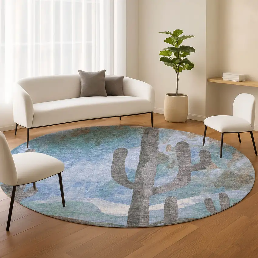 8' Brown Blue And Taupe Round Botanical Leaves Washable Indoor Outdoor Area Rug Photo 9