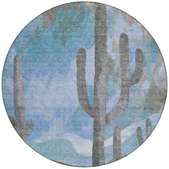 8' Brown Blue And Taupe Round Botanical Leaves Washable Indoor Outdoor Area Rug Photo 4
