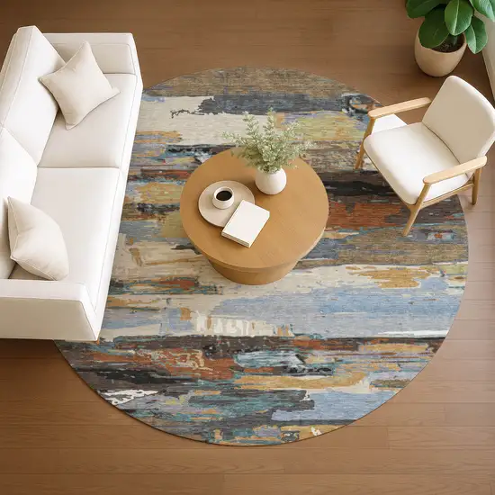 8' Brown Blue Ivory And Gold Round Abstract Washable Indoor Outdoor Area Rug Photo 8