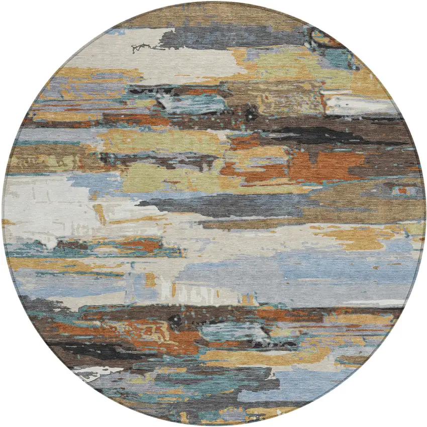 8' Brown Blue Ivory And Gold Round Abstract Washable Indoor Outdoor Area Rug Photo 2