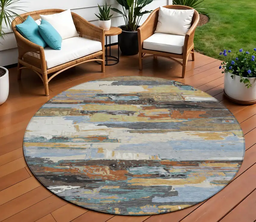8' Brown Blue Ivory And Gold Round Abstract Washable Indoor Outdoor Area Rug Photo 1