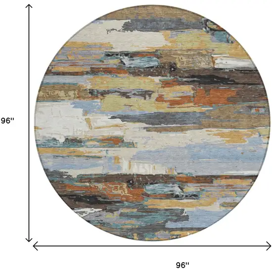 8' Brown Blue Ivory And Gold Round Abstract Washable Indoor Outdoor Area Rug Photo 3
