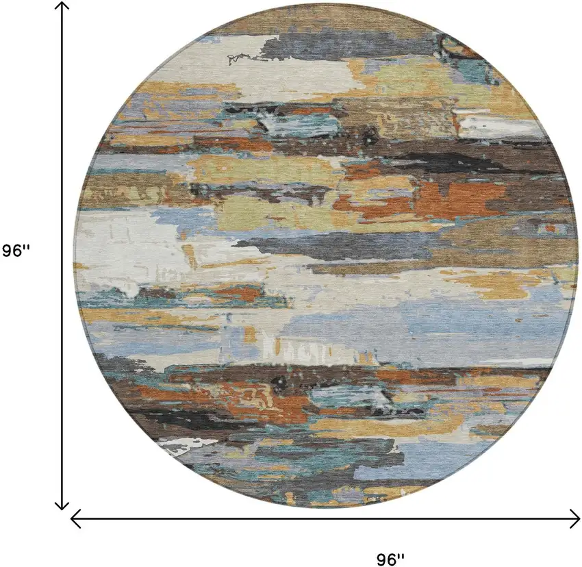 8' Brown Blue Ivory And Gold Round Abstract Washable Indoor Outdoor Area Rug Photo 3