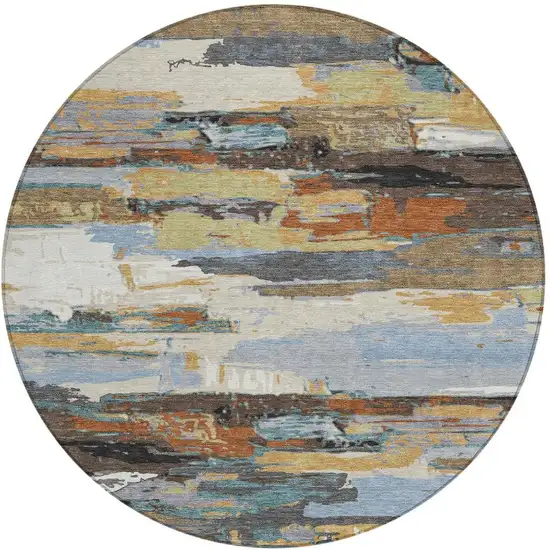 8' Brown Blue Ivory And Gold Round Abstract Washable Indoor Outdoor Area Rug Photo 5