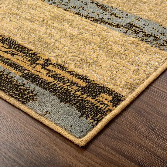 12' Brown Blue and Beige Patchwork Stain Resistant Runner Rug Photo 5