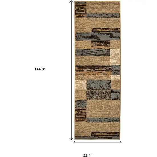 12' Brown Blue and Beige Patchwork Stain Resistant Runner Rug Photo 8