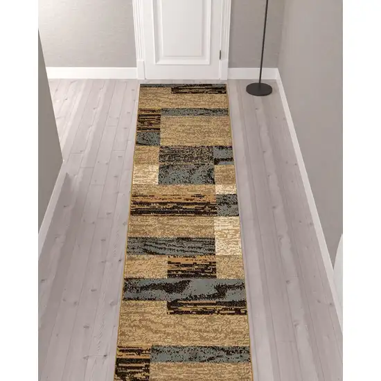12' Brown Blue and Beige Patchwork Stain Resistant Runner Rug Photo 2