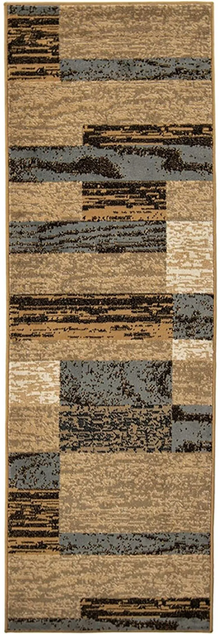 12' Brown Blue and Beige Patchwork Stain Resistant Runner Rug Photo 1