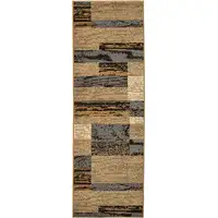 Photo of 12' Brown Blue and Beige Patchwork Stain Resistant Runner Rug